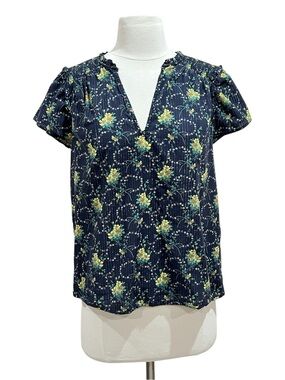 PAIGE Larmie Navy Flutter and Smocking Detail V-Neck Floral Top Size Small